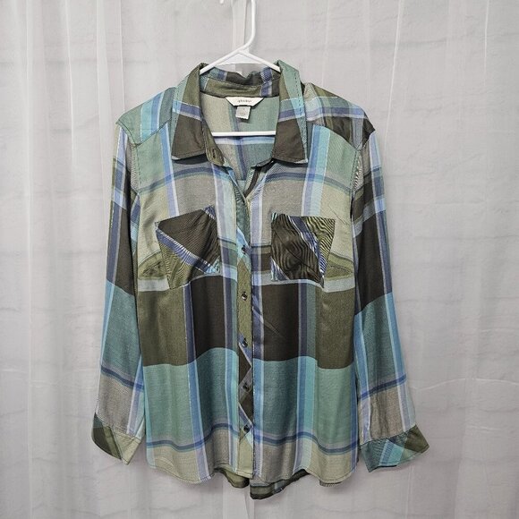 CJ Banks Green Blue Plaid Button Metallic Blouse Casual 1X - Picture 9 of 13